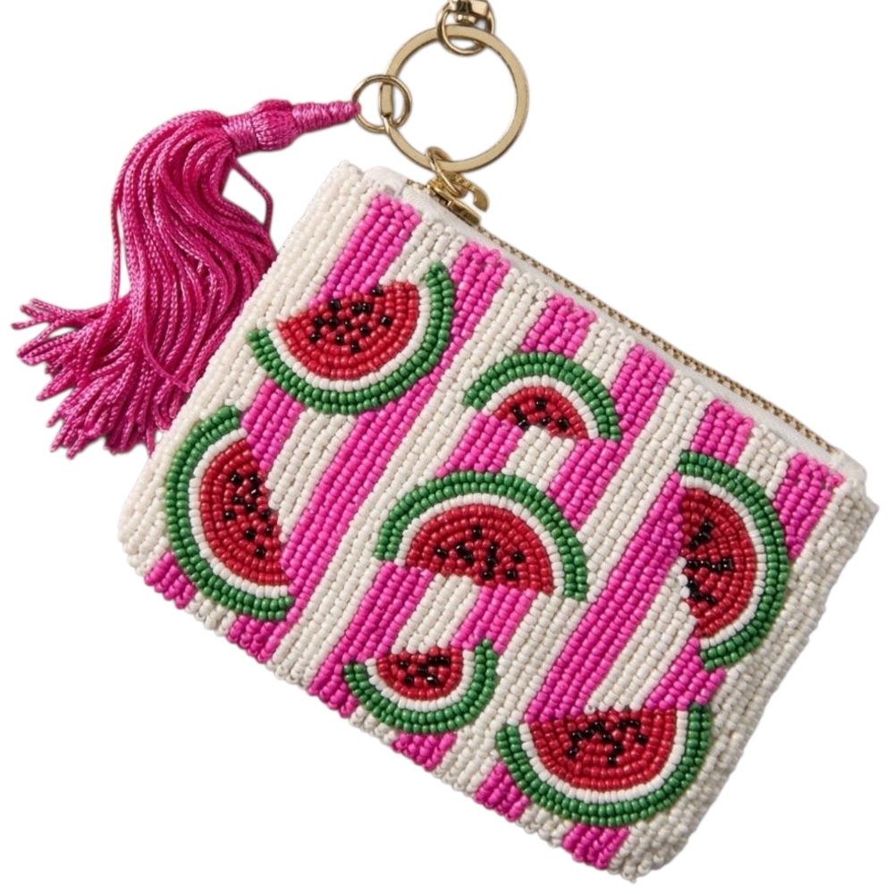 Anthropologie Fiona Hand Beaded Watermelon Slices Clutch w/ Hot Pink Tassel